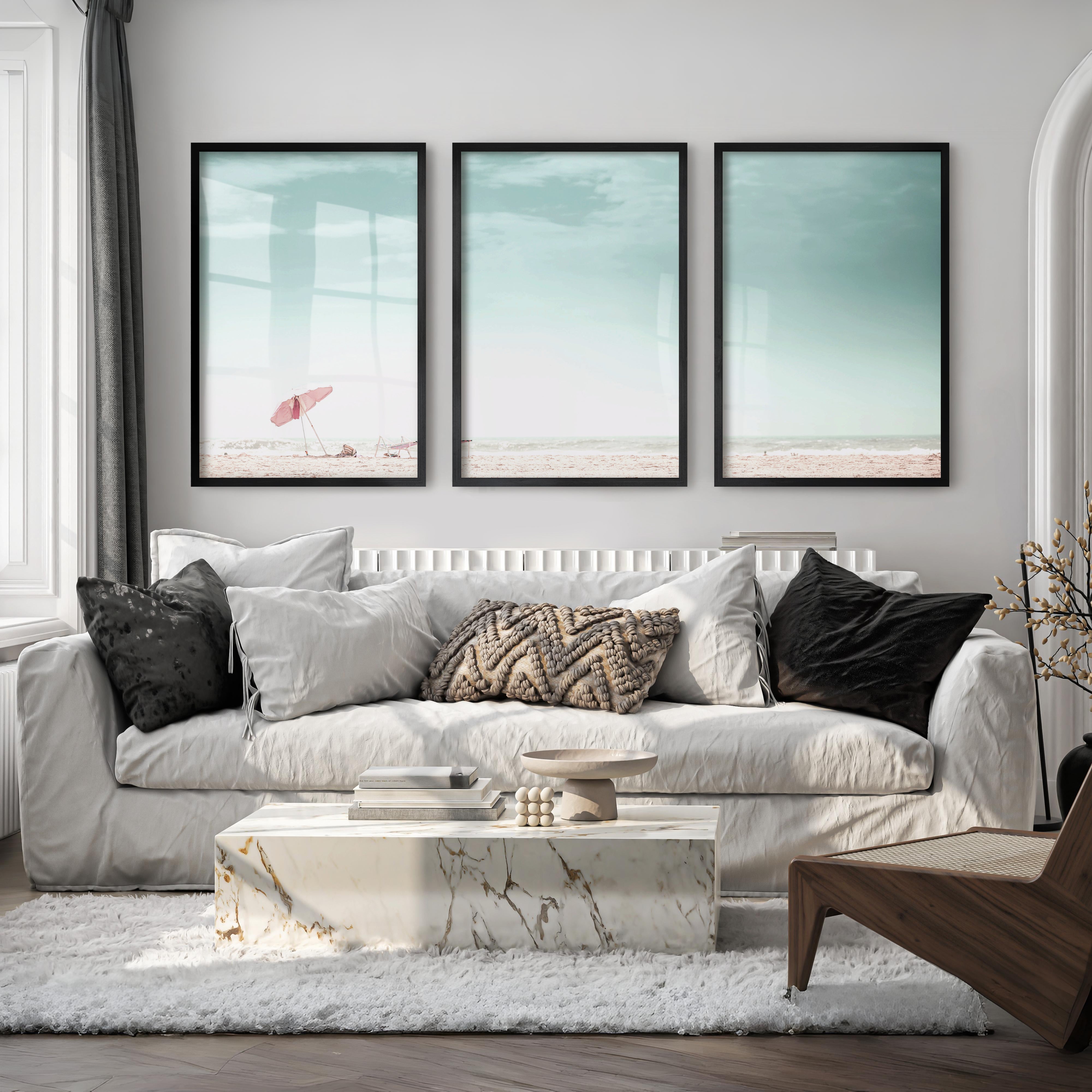 Pink Umbrella beach wall art prints - Black Framed Poster No Border - Artworksets