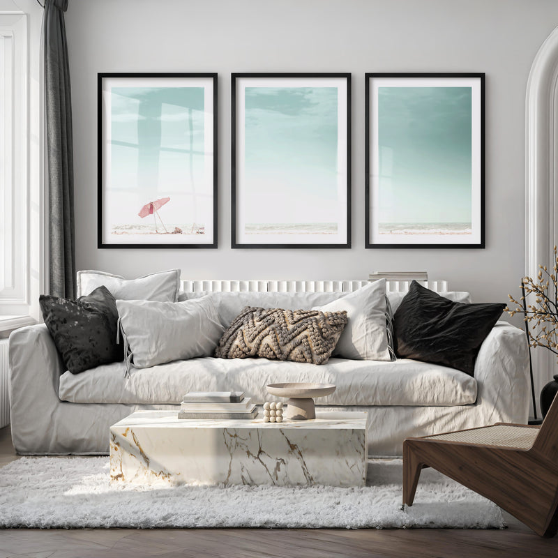 Pink Umbrella beach wall art prints - Black Framed Poster with White Border - Artworksets