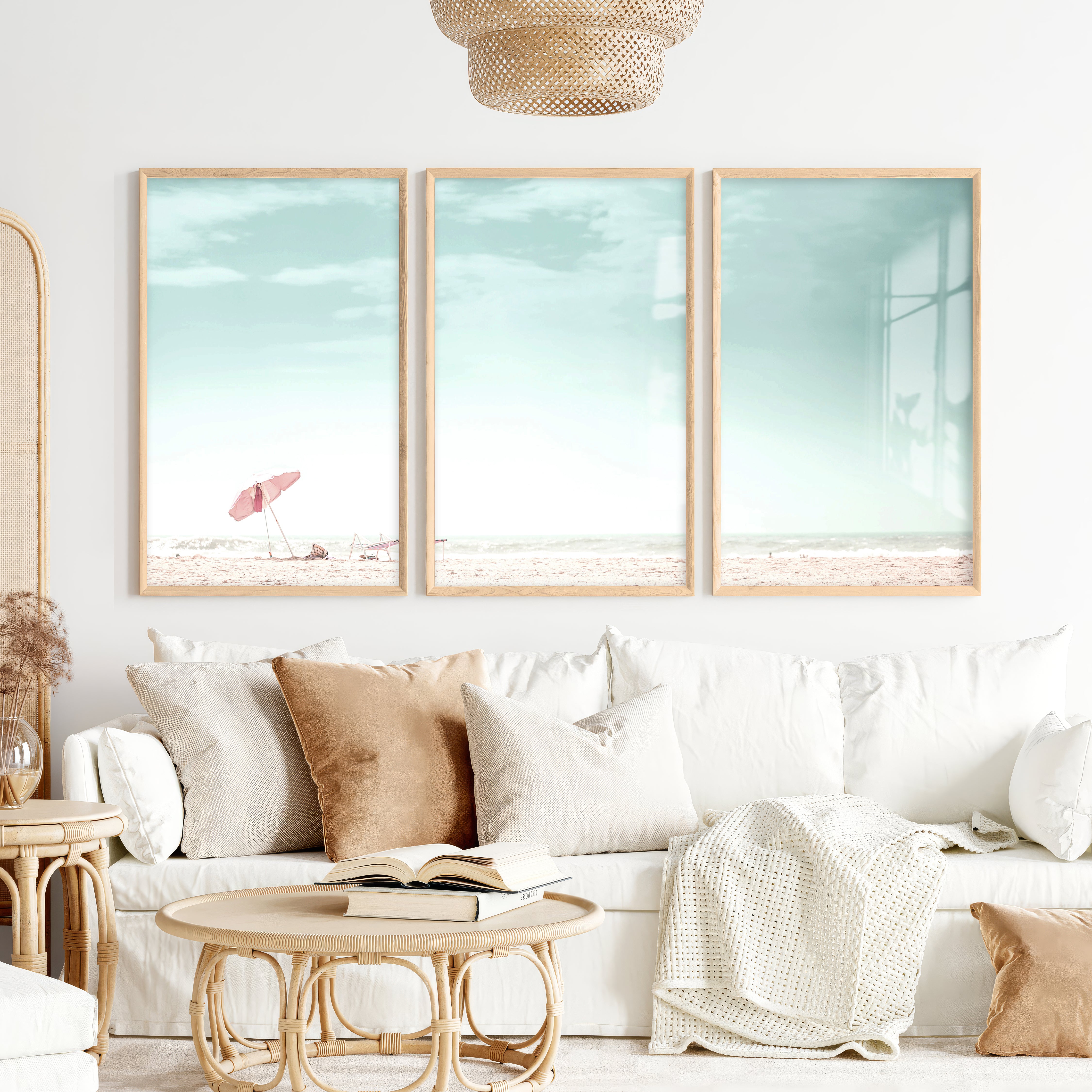 Pink Umbrella beach wall art prints - Natural Wood Framed Poster No Border - Artworksets