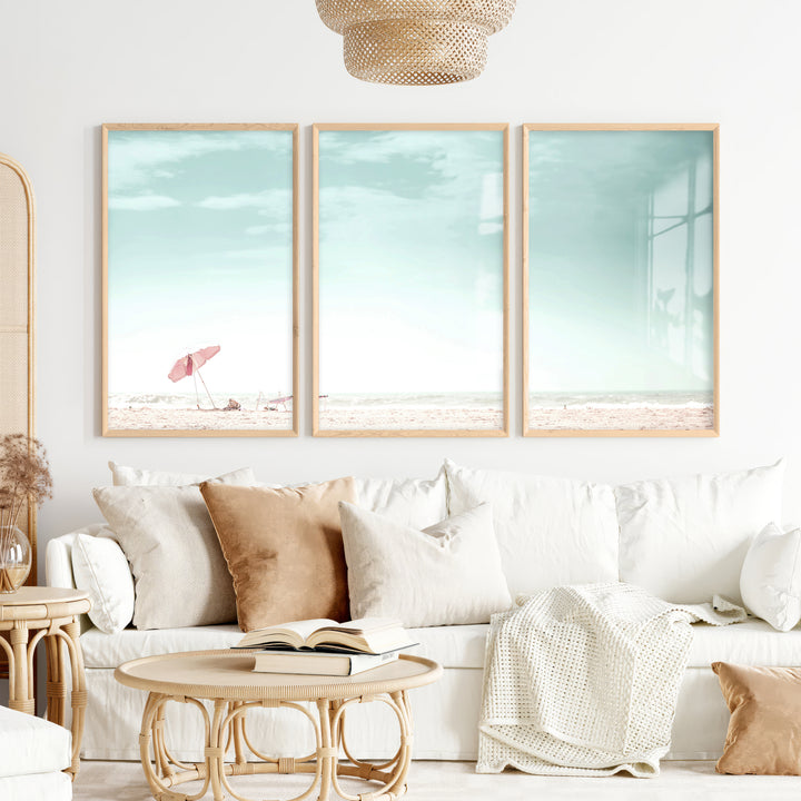 Pink Umbrella beach wall art prints - Natural Wood Framed Poster No Border - Artworksets