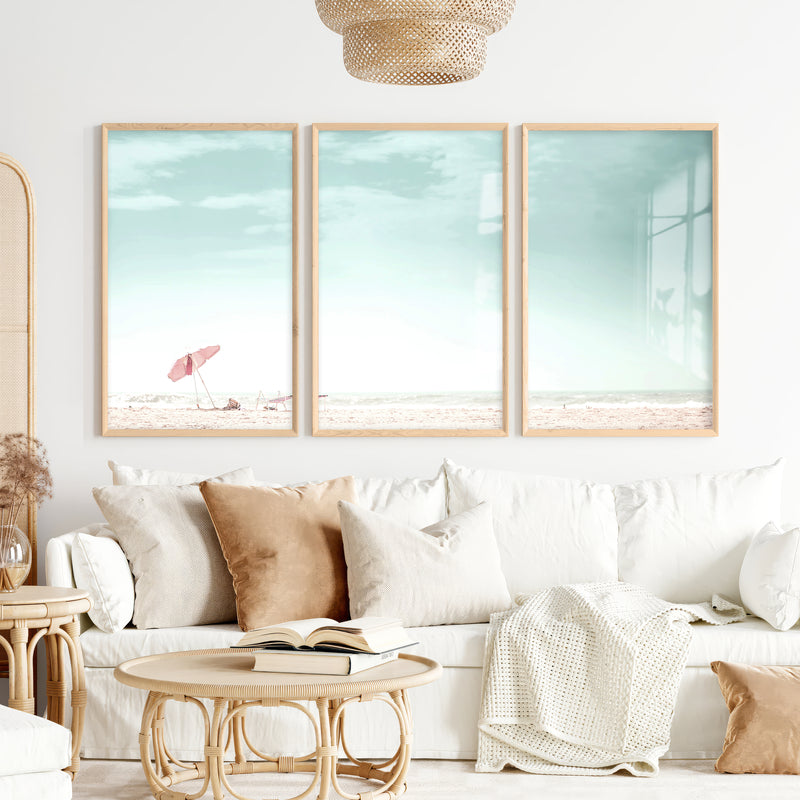 Pink Umbrella beach wall art prints - Natural Wood Framed Poster No Border - Artworksets
