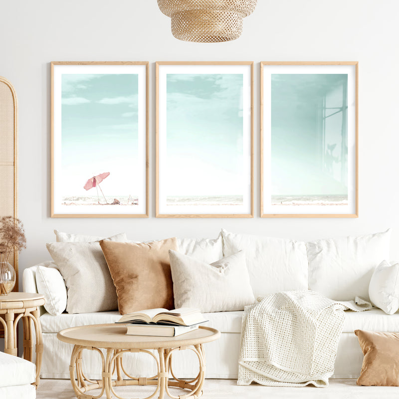 Pink Umbrella beach wall art prints- Natural Wood Framed Poster with White Border - Artworksets