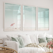 Pink Umbrella beach wall art prints - White Framed Poster No Border - Artworksets