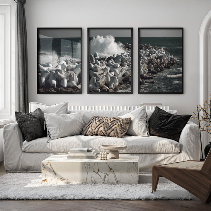 Stormy Breakwater Beach Wall Decor for Living Room - Black Framed Poster No Border - Artworksets