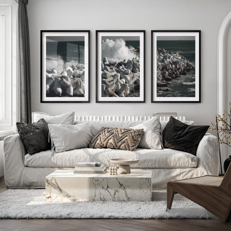 Stormy Breakwater Beach Wall Decor for Living Room - Black Framed Poster with White Border - Artworksets