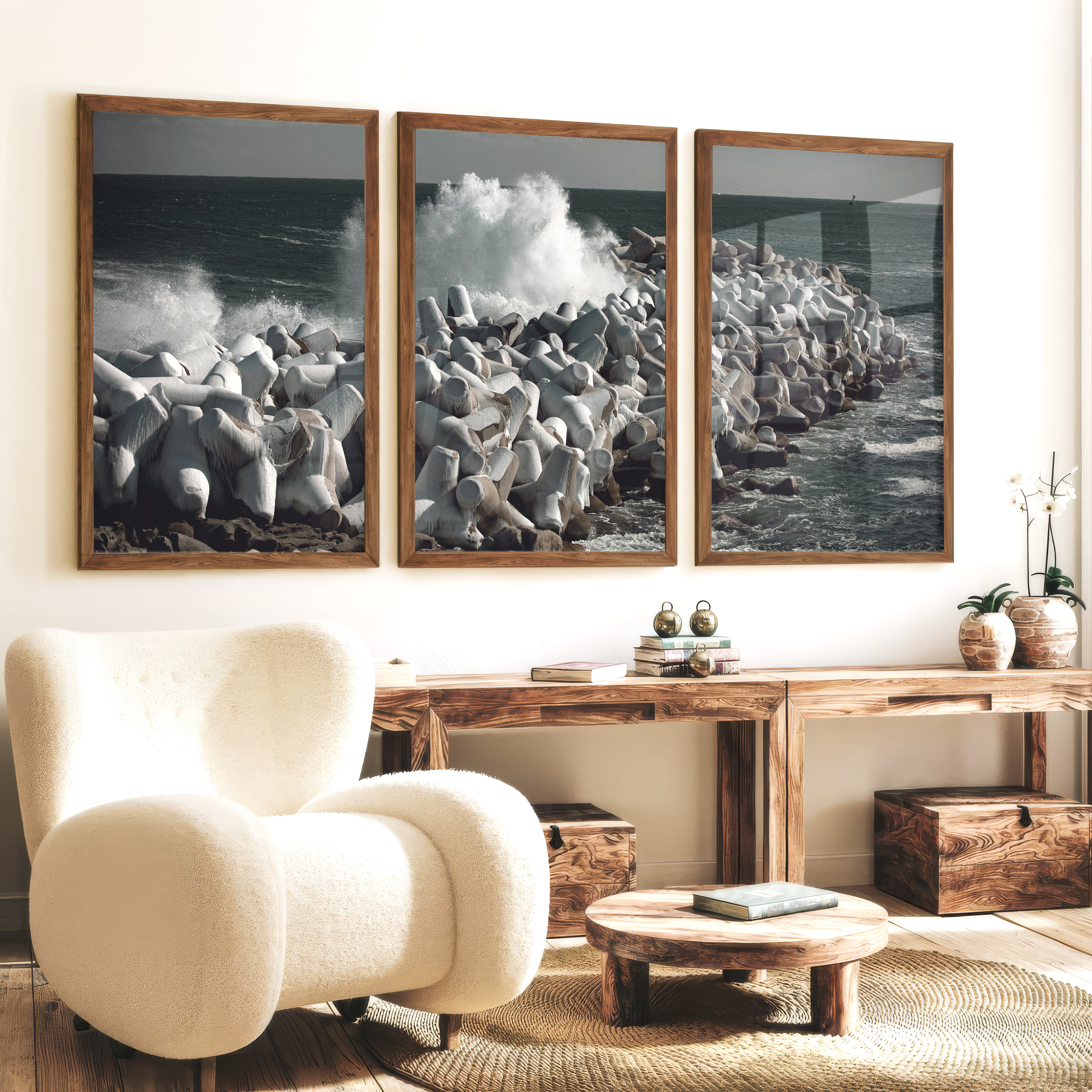 Stormy Breakwater Beach Wall Decor for Living Room - Dark Brown Framed Poster No Border - Artworksets