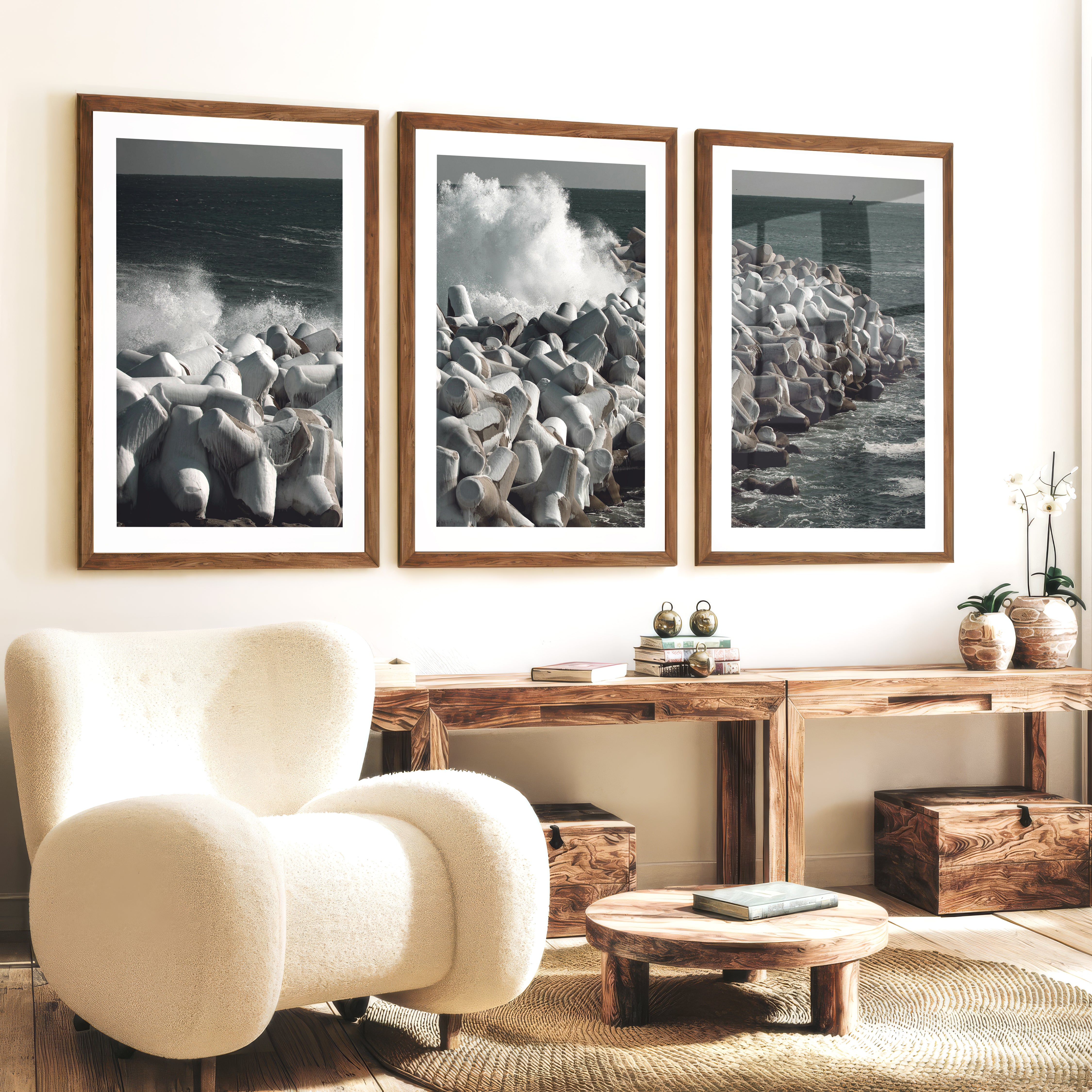 Stormy Breakwater Beach Wall Decor for Living Room - Dark Brown Framed Poster with White Border - Artworksets