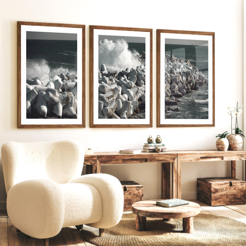 Stormy Breakwater Beach Wall Decor for Living Room - Dark Brown Framed Poster with White Border - Artworksets