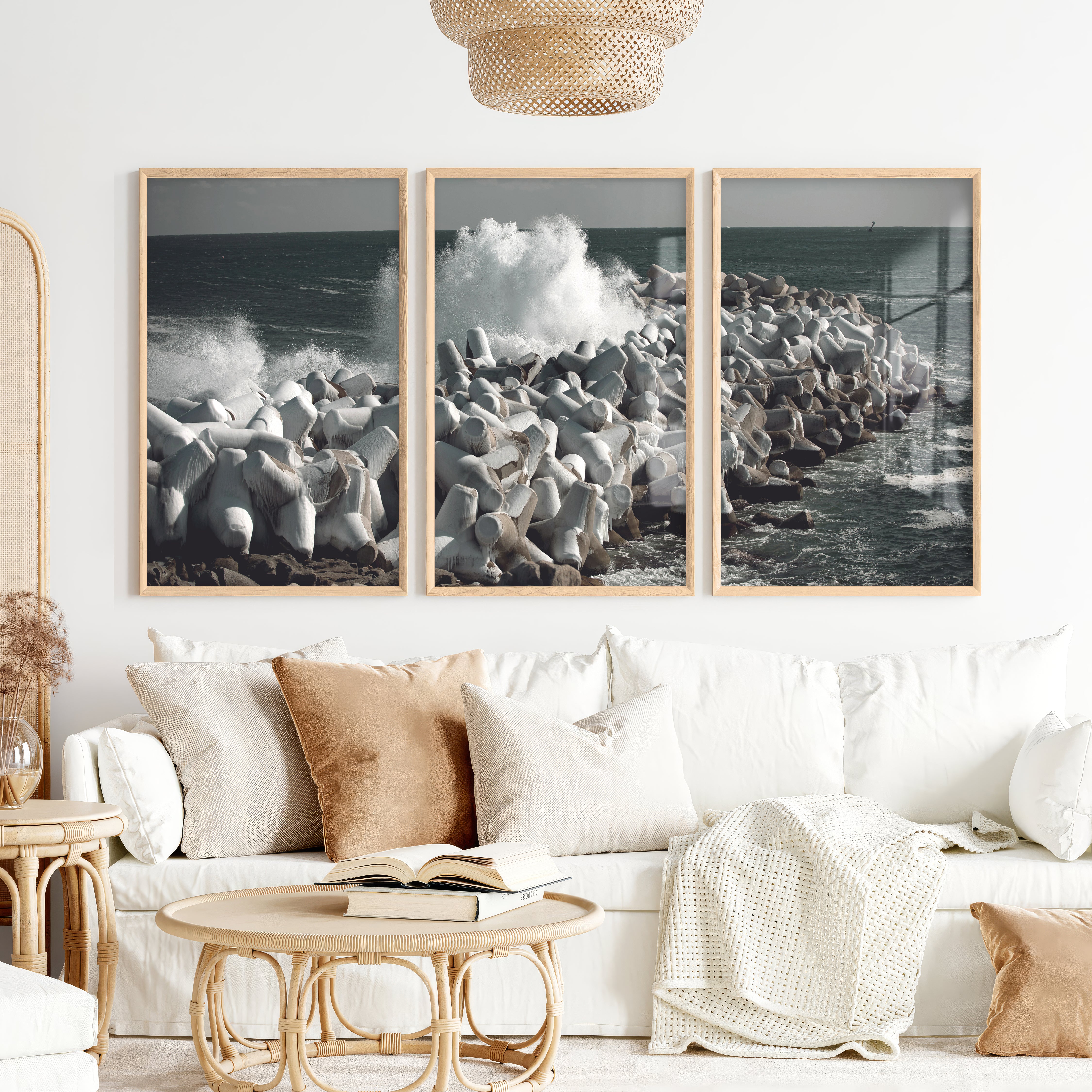 Stormy Breakwater Beach Wall Decor for Living Room - Natural Wood Framed Poster No Border - Artworksets