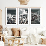 Stormy Breakwater Beach Wall Decor for Living Room- Natural Wood Framed Poster with White Border - Artworksets