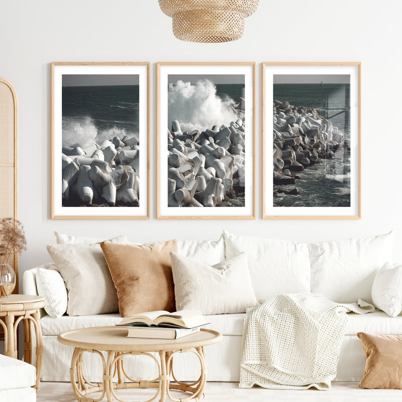 Stormy Breakwater Beach Wall Decor for Living Room- Natural Wood Framed Poster with White Border - Artworksets
