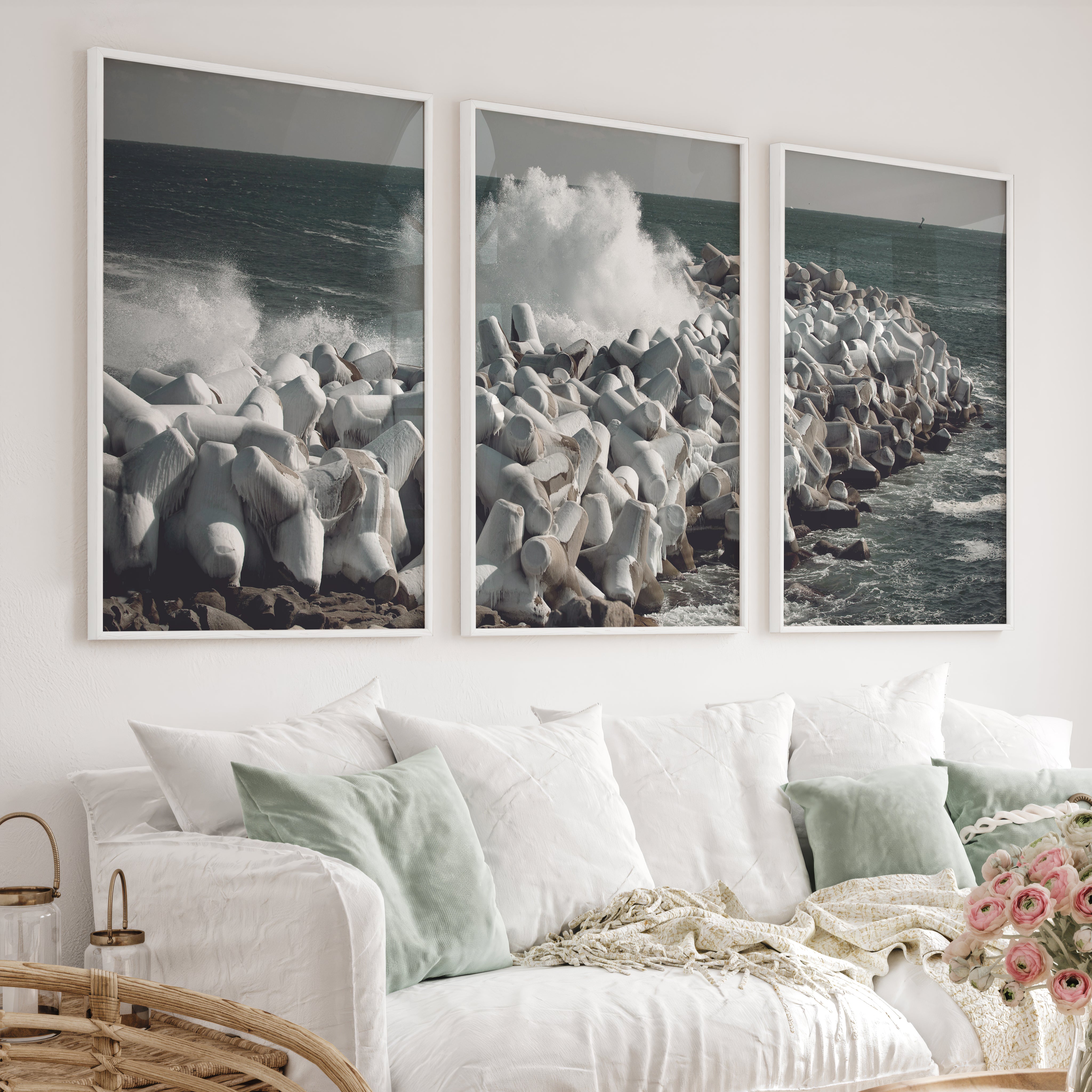 Stormy Breakwater Beach Wall Decor for Living Room - White Framed Poster No Border - Artworksets