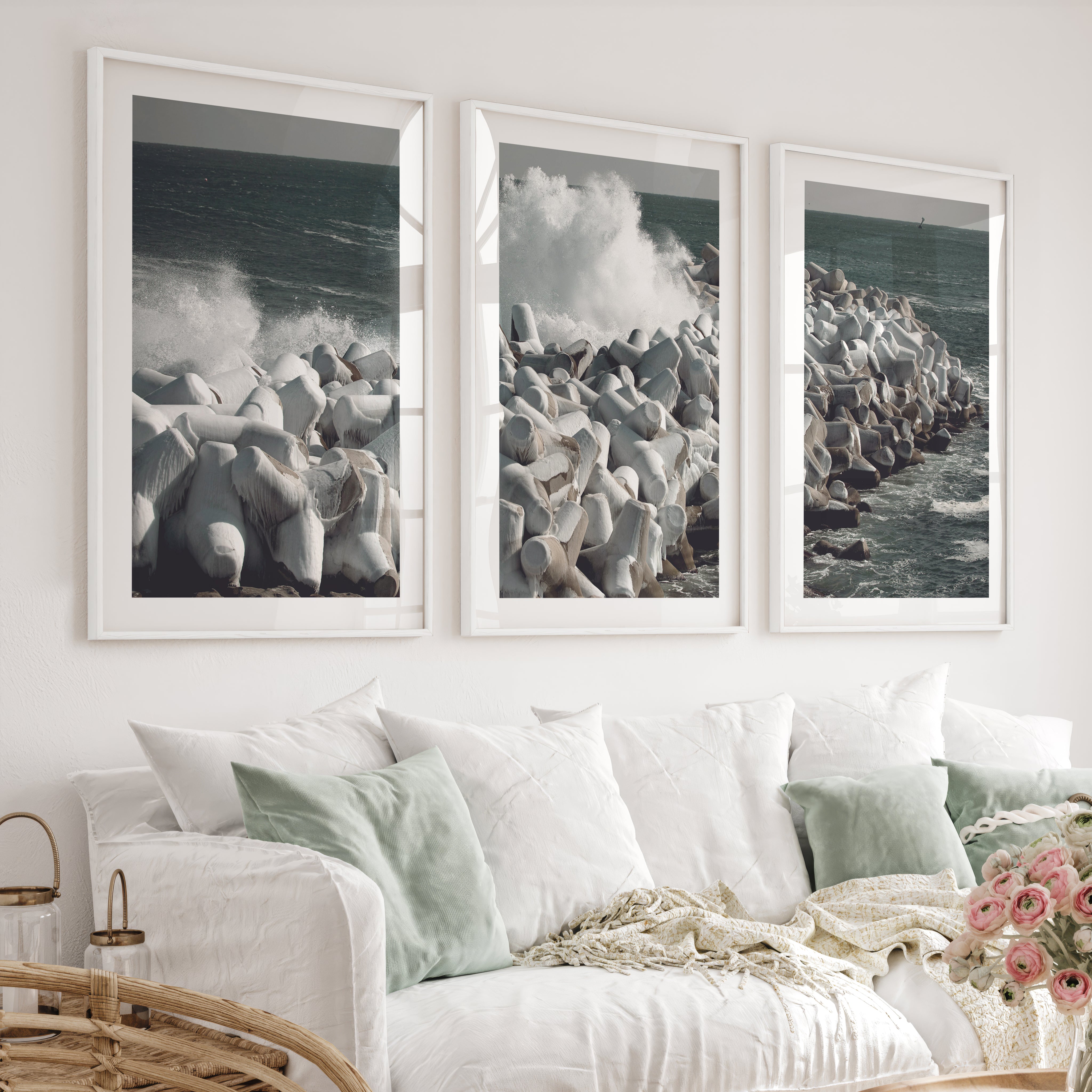 Stormy Breakwater Beach Wall Decor for Living Room - White Framed Poster with White Border - Artworksets