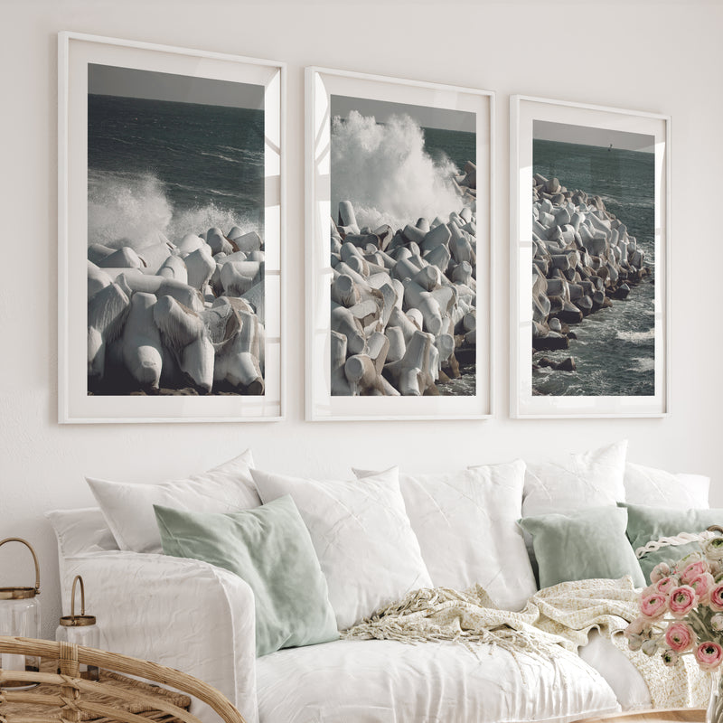 Stormy Breakwater Beach Wall Decor for Living Room - White Framed Poster with White Border - Artworksets