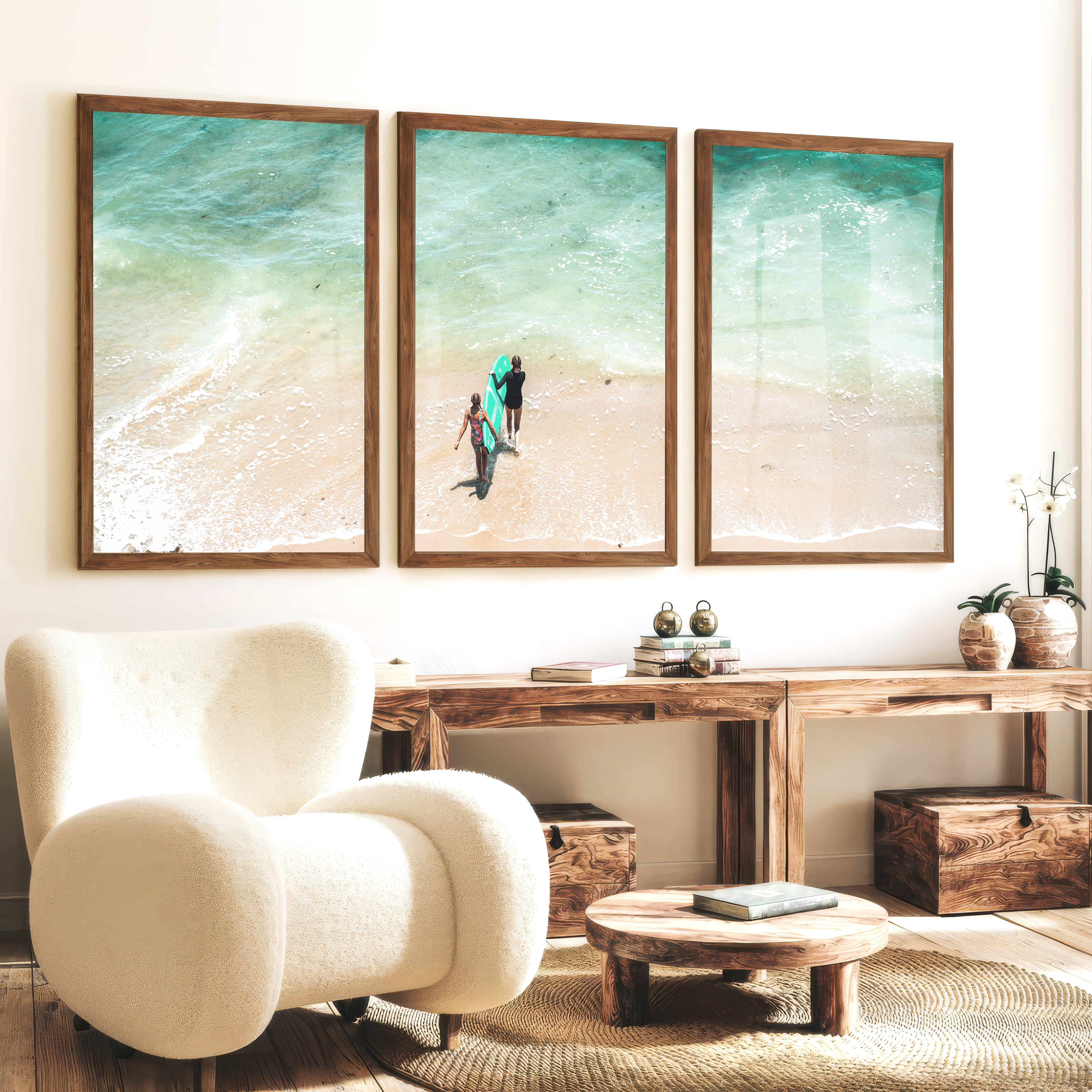 Turquoise Surfboard Beach Wall Decor - Dark Brown Framed Poster No Border - Artworksets