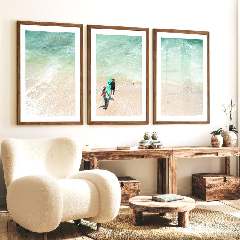 Turquoise Surfboard Beach Wall Decor - Dark Brown Framed Poster with White Border - Artworksets