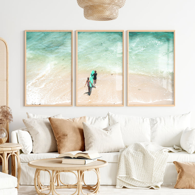 Turquoise Surfboard Beach Wall Decor - Natural Wood Framed Poster No Border - Artworksets