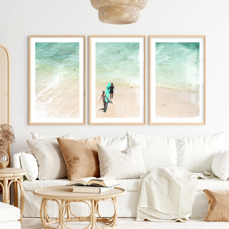 Turquoise Surfboard Beach Wall Decor- Natural Wood Framed Poster with White Border - Artworksets