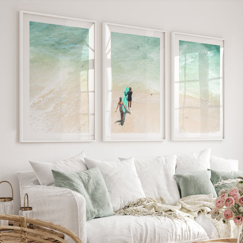 Turquoise Surfboard Beach Wall Decor - White Framed Poster with White Border - Artworksets
