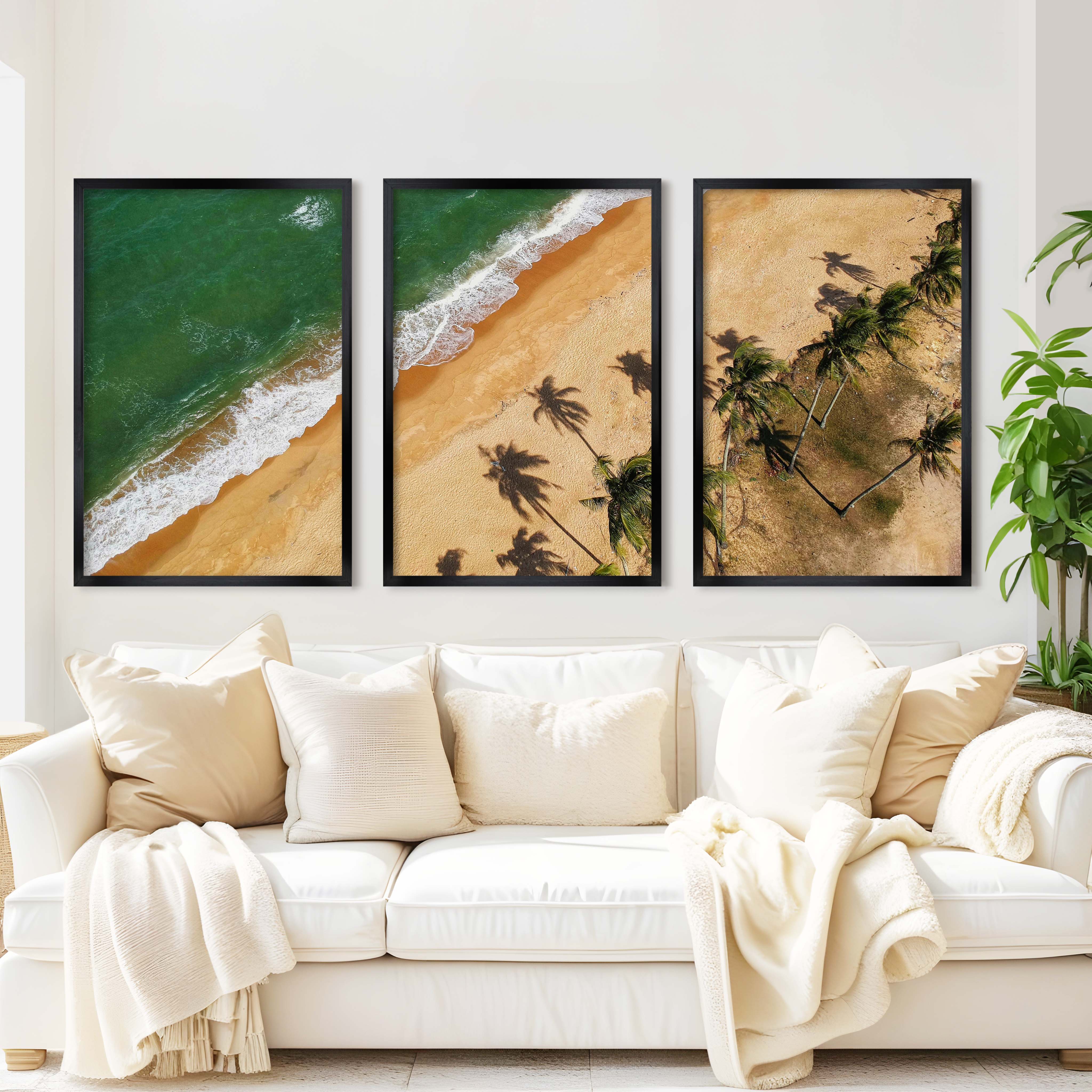 Beach Wall Hanging Decor – Aerial Palm Tree Shadows and Shoreline - Black Framed Poster No Border - Artworksets
