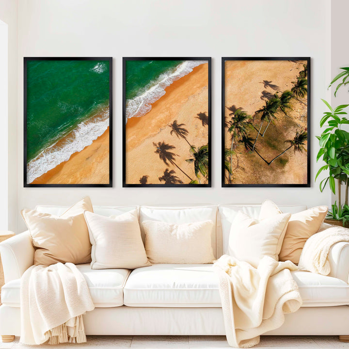 Beach Wall Hanging Decor – Aerial Palm Tree Shadows and Shoreline - Black Framed Poster No Border - Artworksets