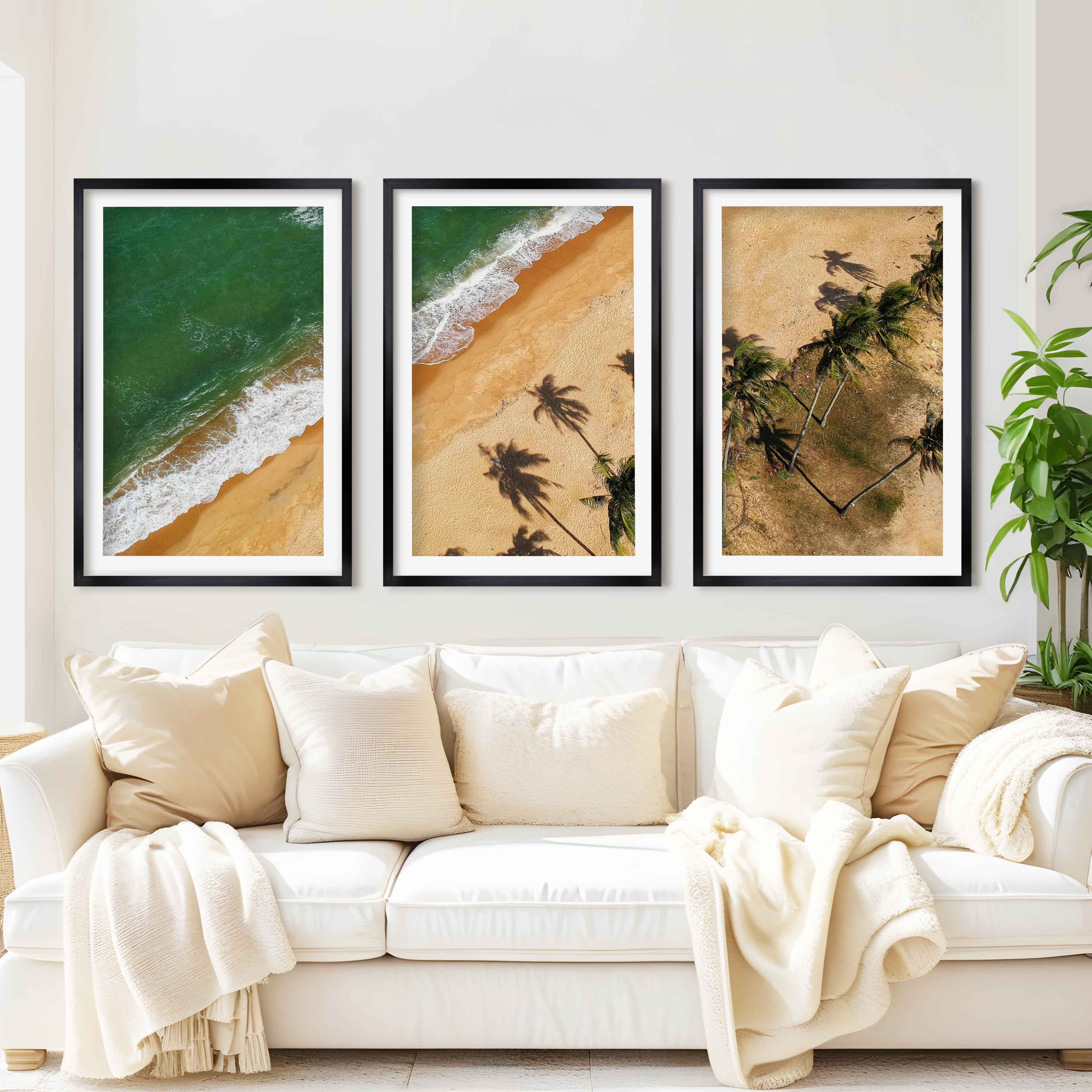 Beach Wall Hanging Decor – Aerial Palm Tree Shadows and Shoreline - Black Framed Poster with White Border - Artworksets