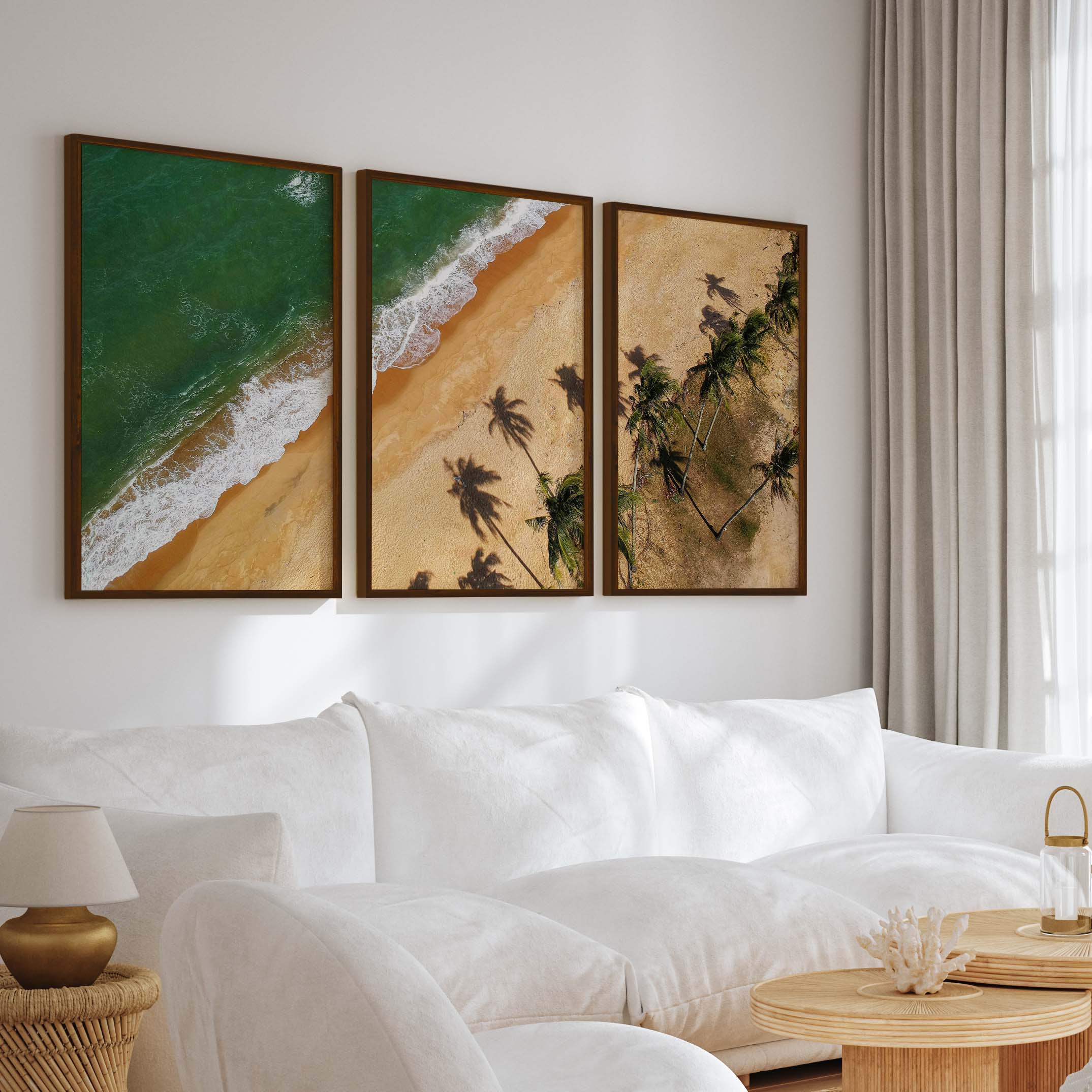 Beach Wall Hanging Decor – Aerial Palm Tree Shadows and Shoreline - Dark Brown Framed Poster No Border - Artworksets