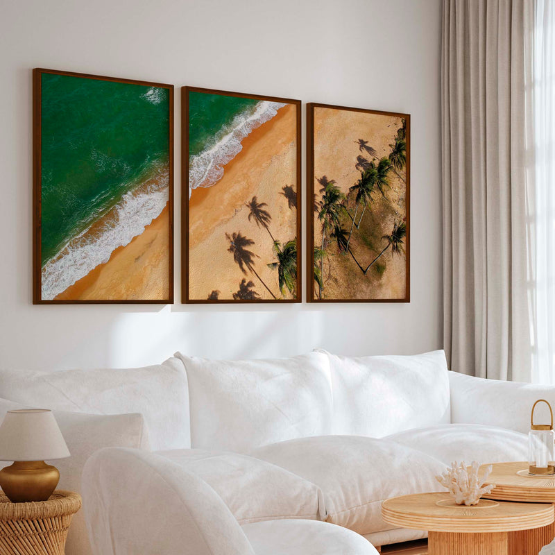 Beach Wall Hanging Decor – Aerial Palm Tree Shadows and Shoreline - Dark Brown Framed Poster No Border - Artworksets