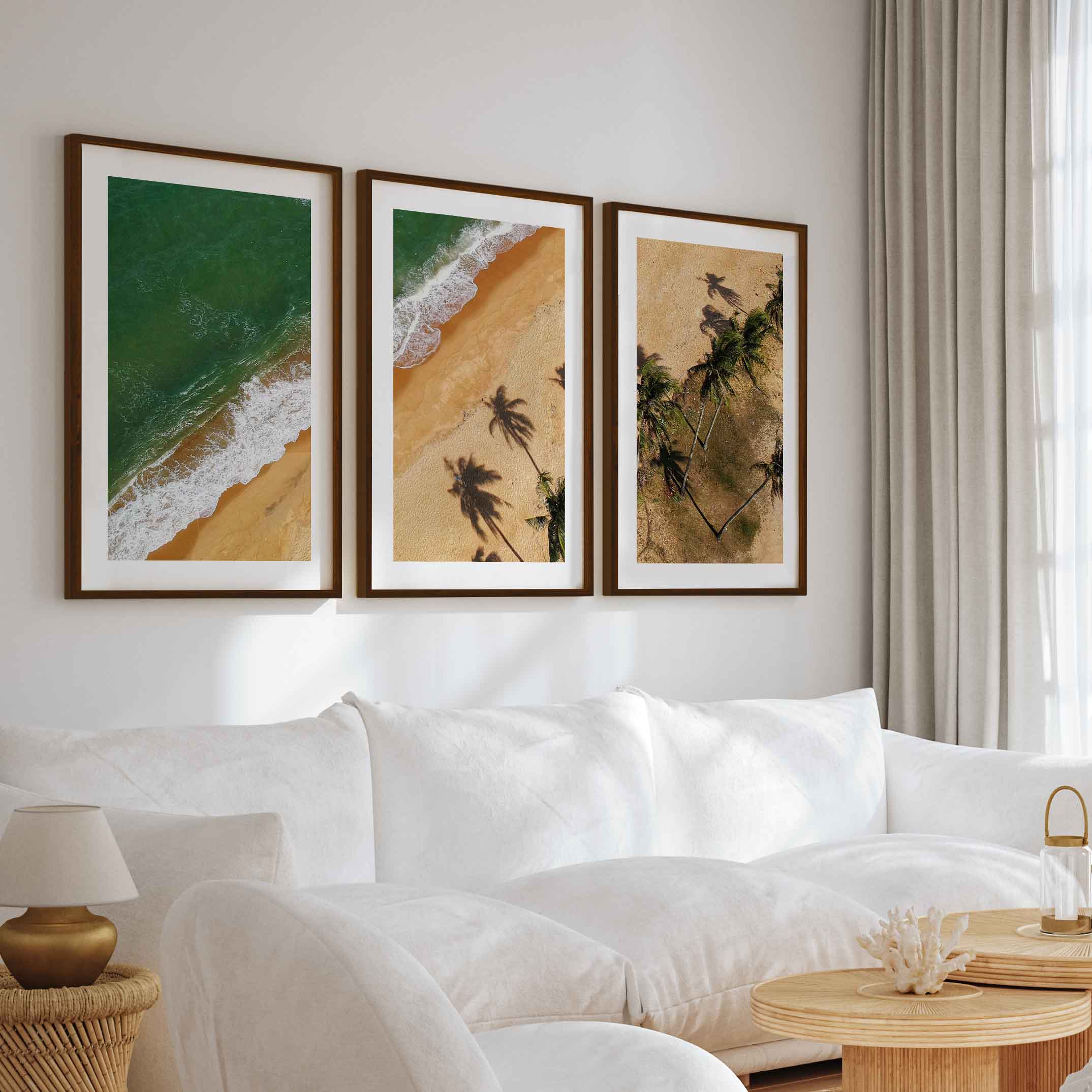 Beach Wall Hanging Decor – Aerial Palm Tree Shadows and Shoreline - Dark Brown Framed Poster with White Border - Artworksets