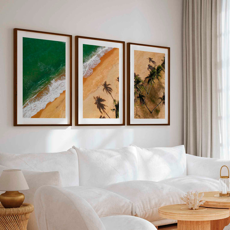 Beach Wall Hanging Decor – Aerial Palm Tree Shadows and Shoreline - Dark Brown Framed Poster with White Border - Artworksets