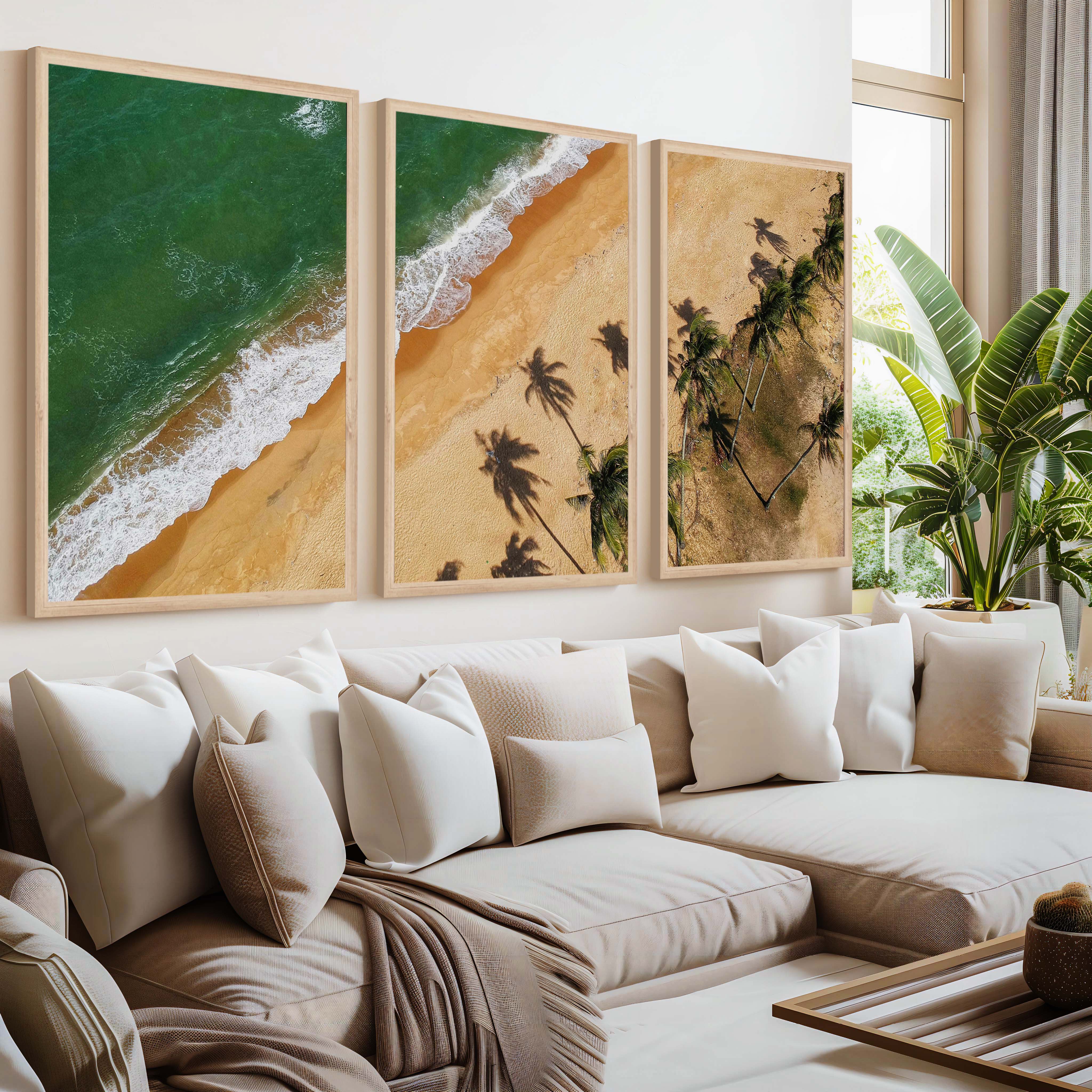 Beach Wall Hanging Decor – Aerial Palm Tree Shadows and Shoreline - Natural Wood Framed Poster No Border - Artworksets