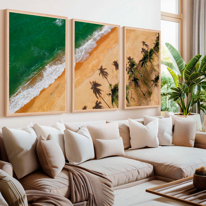 Beach Wall Hanging Decor – Aerial Palm Tree Shadows and Shoreline - Natural Wood Framed Poster No Border - Artworksets