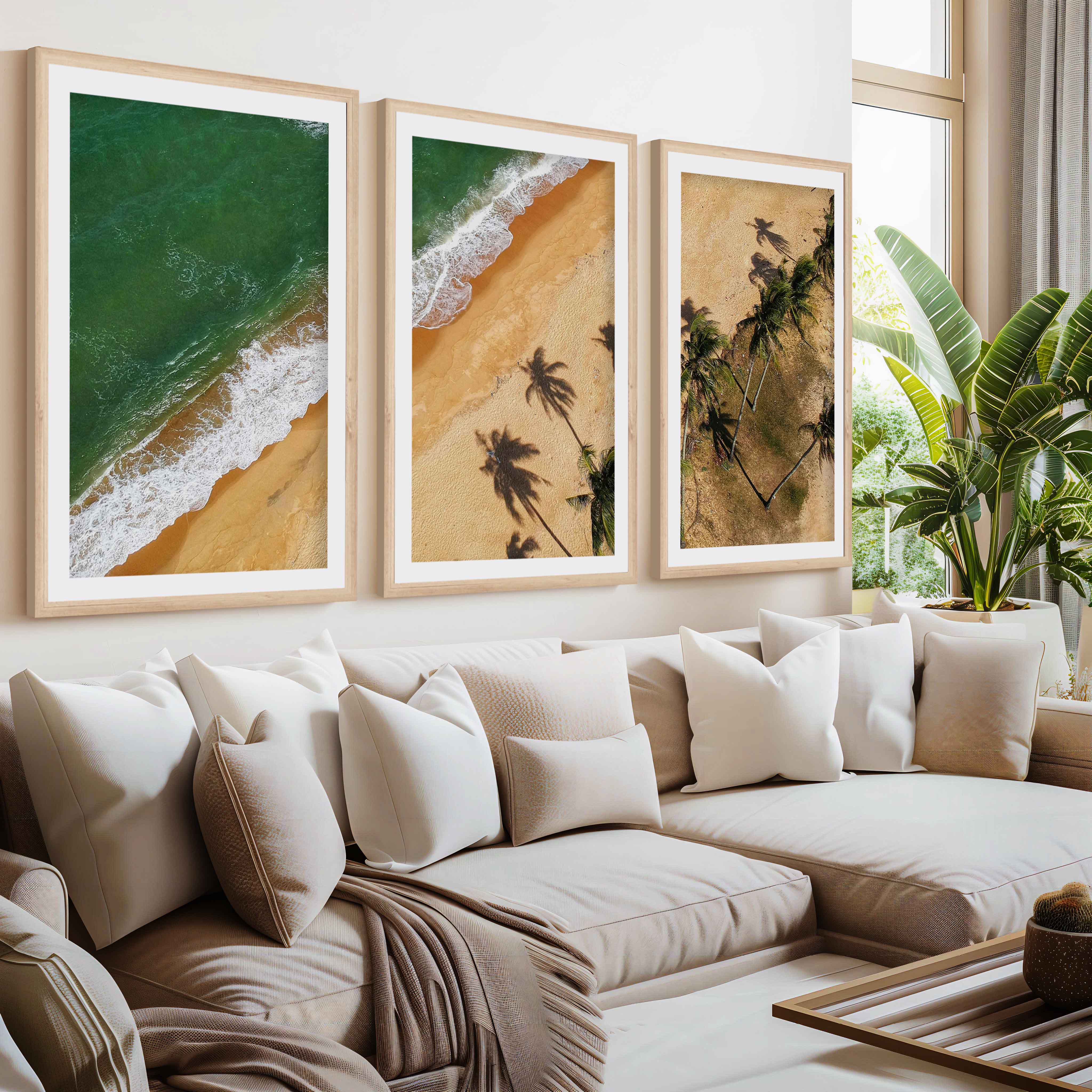 Beach Wall Hanging Decor – Aerial Palm Tree Shadows and Shoreline- Natural Wood Framed Poster with White Border - Artworksets