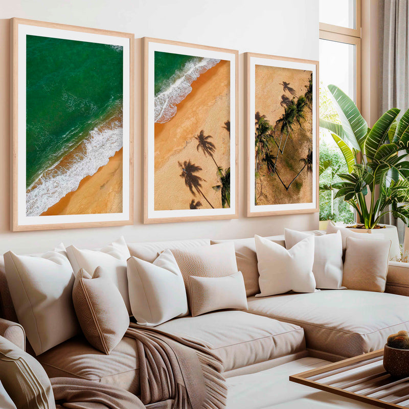 Beach Wall Hanging Decor – Aerial Palm Tree Shadows and Shoreline- Natural Wood Framed Poster with White Border - Artworksets