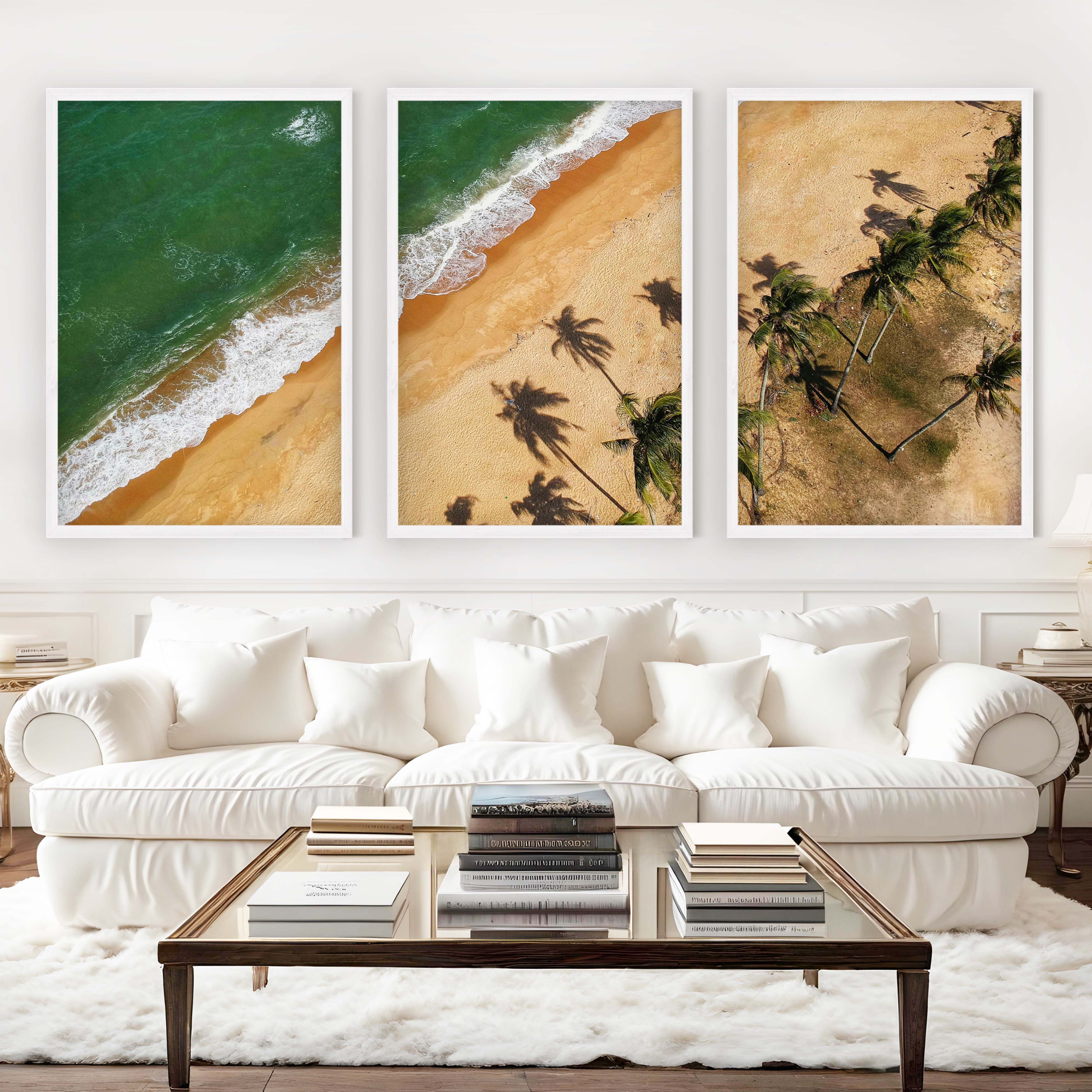 Beach Wall Hanging Decor – Aerial Palm Tree Shadows and Shoreline - White Framed Poster No Border - Artworksets