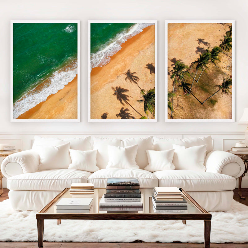 Beach Wall Hanging Decor – Aerial Palm Tree Shadows and Shoreline - White Framed Poster No Border - Artworksets