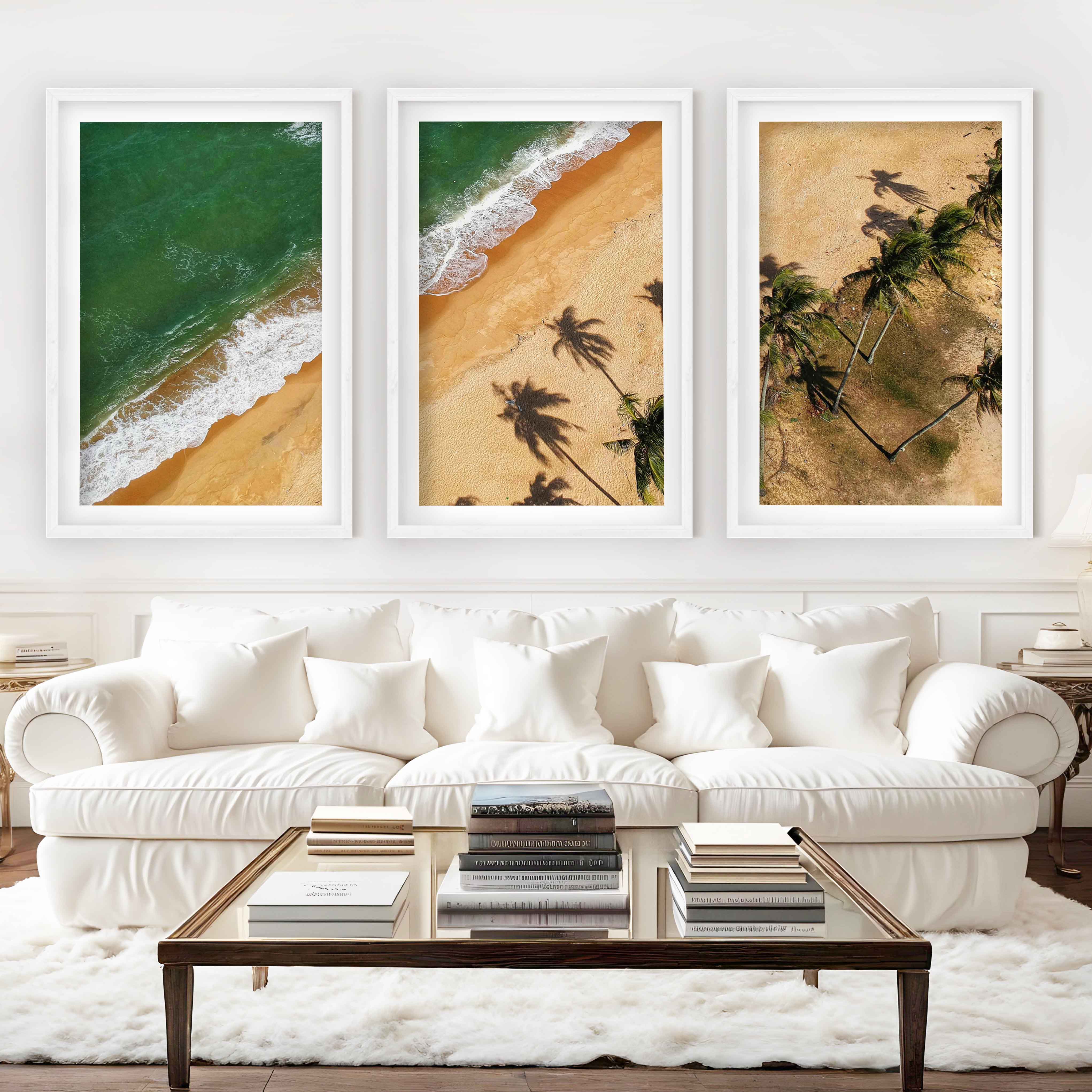 Beach Wall Hanging Decor – Aerial Palm Tree Shadows and Shoreline - White Framed Poster with White Border - Artworksets
