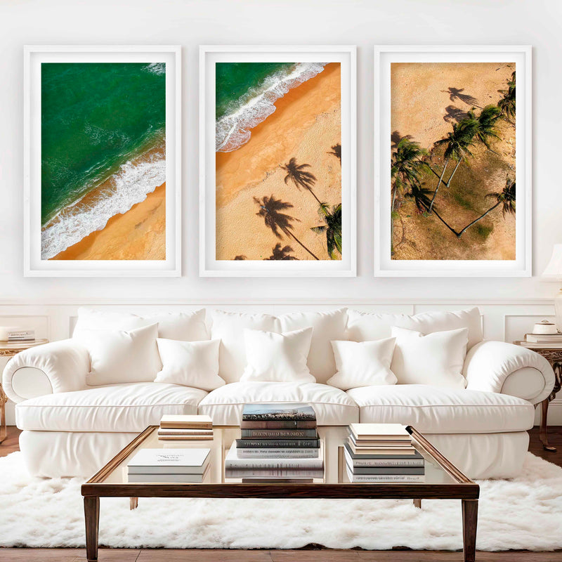 Beach Wall Hanging Decor – Aerial Palm Tree Shadows and Shoreline - White Framed Poster with White Border - Artworksets