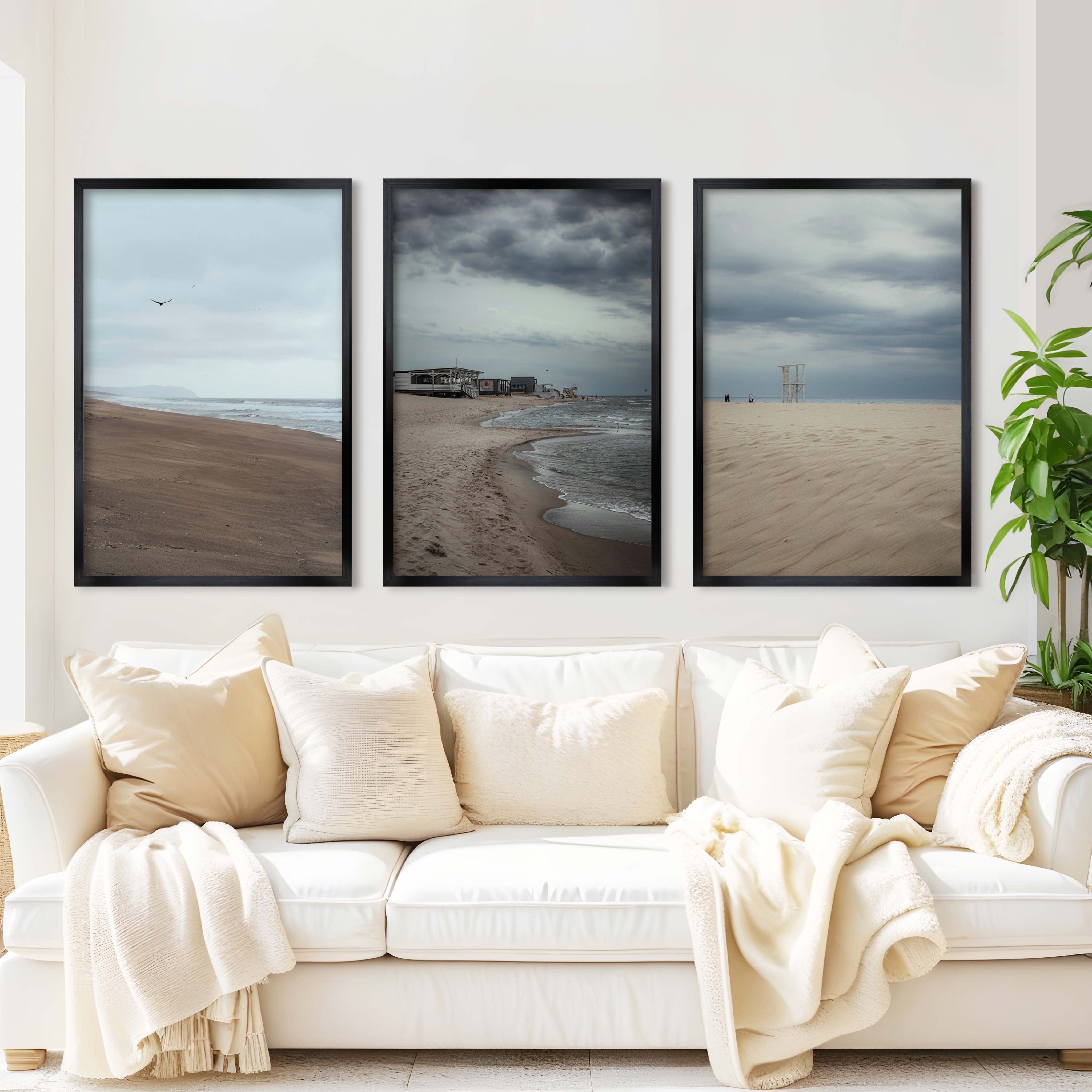 Beach Wall Posters – Moody Coastal Art Print Set (3 Pieces) - Black Framed Poster No Border - Artworksets