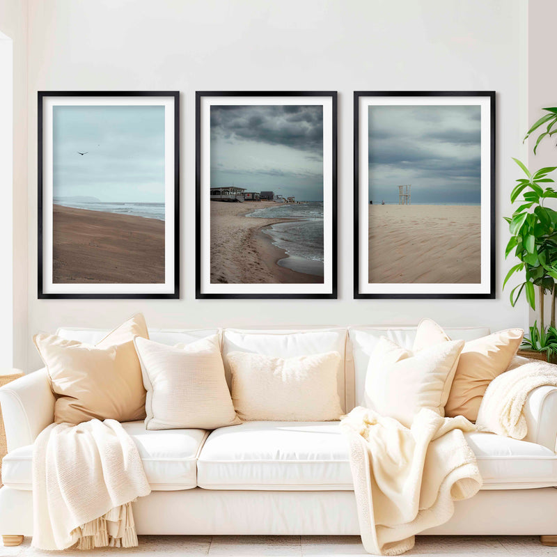 Beach Wall Posters – Moody Coastal Art Print Set (3 Pieces) - Black Framed Poster with White Border - Artworksets
