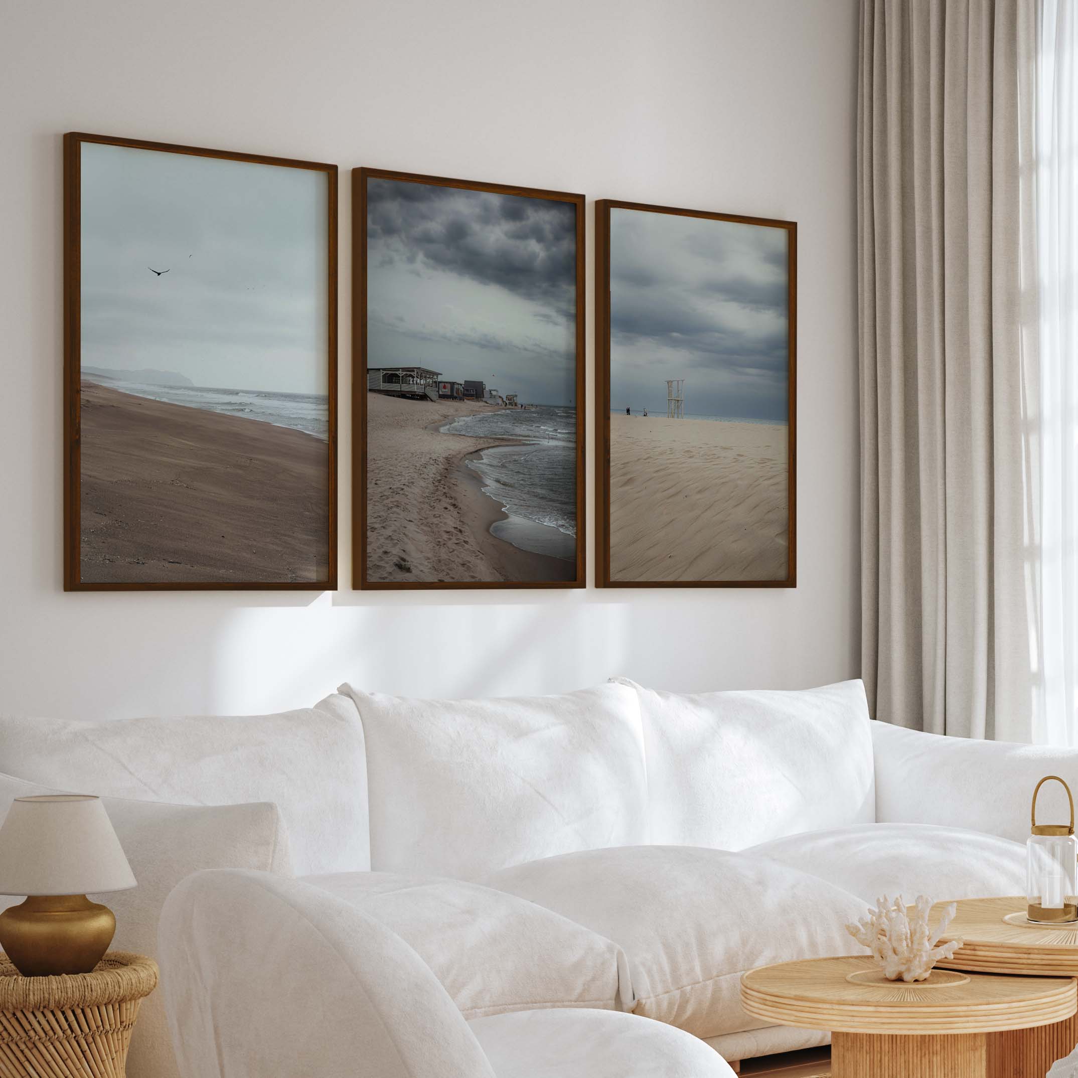 Beach Wall Posters – Moody Coastal Art Print Set (3 Pieces) - Dark Brown Framed Poster No Border - Artworksets