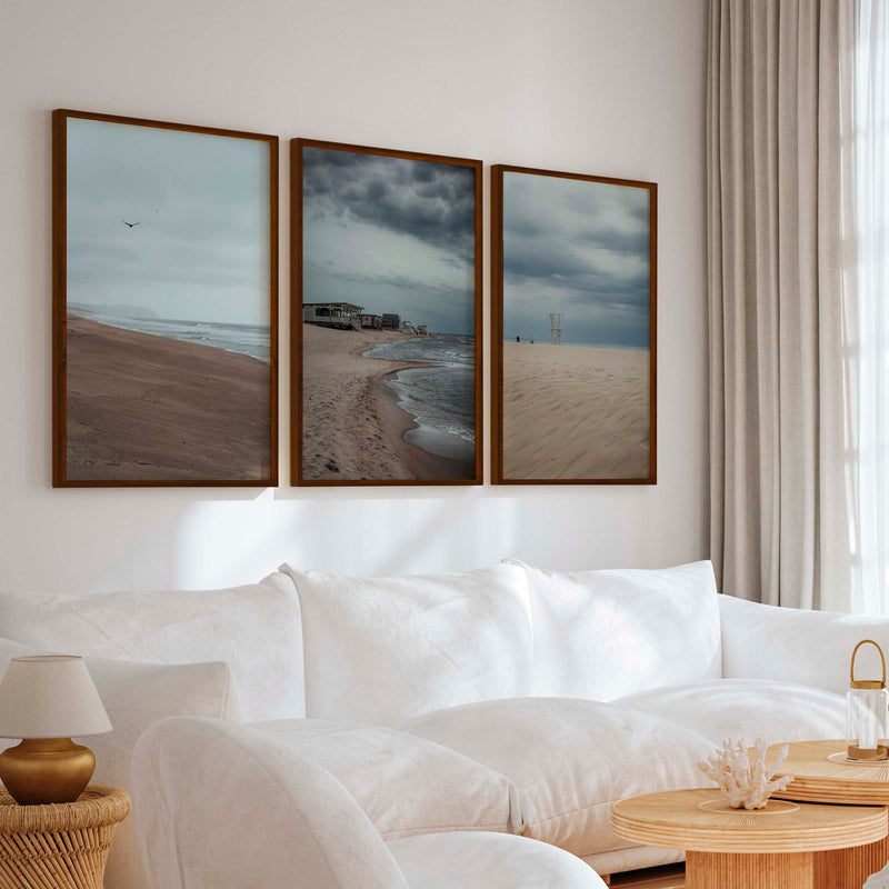 Beach Wall Posters – Moody Coastal Art Print Set (3 Pieces) - Dark Brown Framed Poster No Border - Artworksets