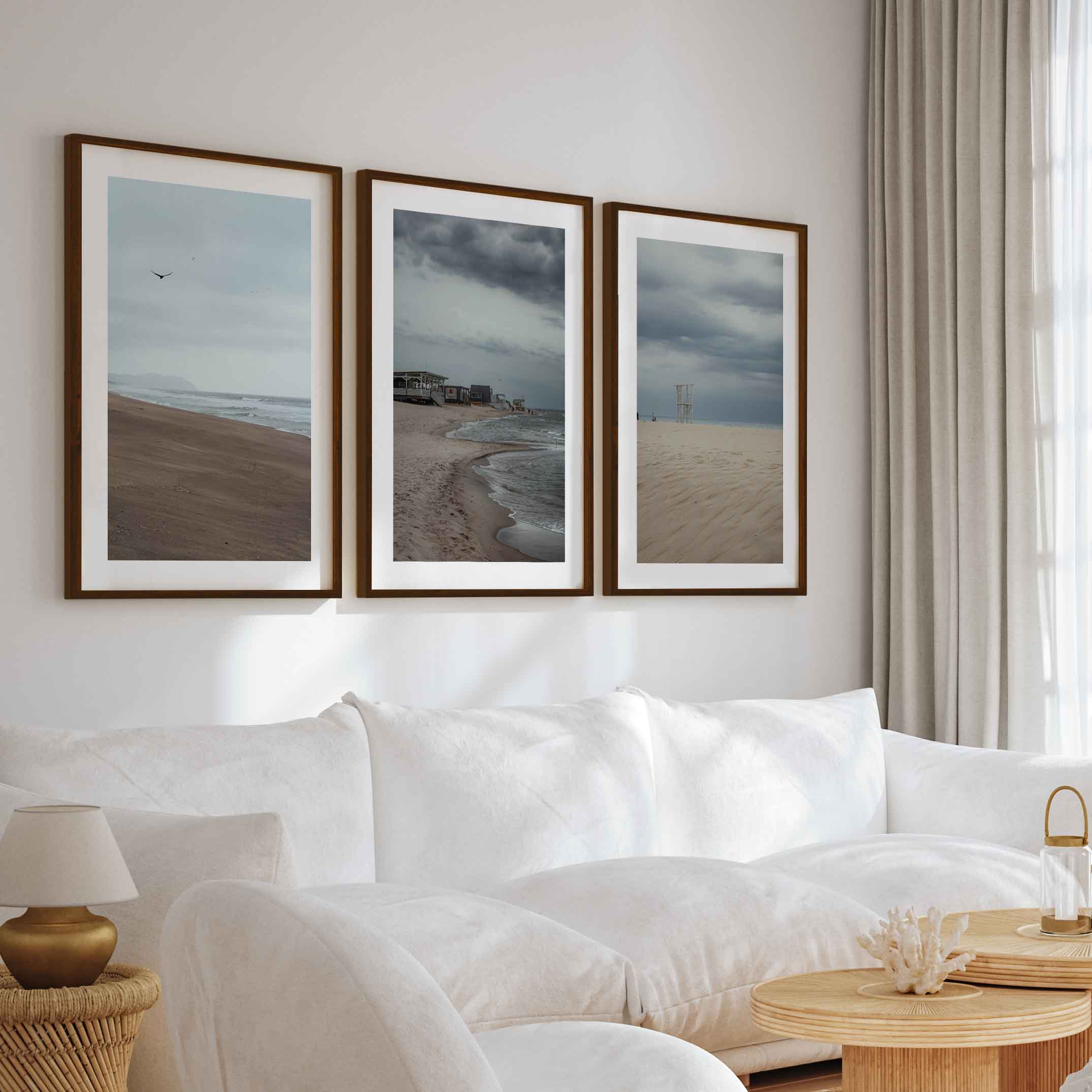 Beach Wall Posters – Moody Coastal Art Print Set (3 Pieces) - Dark Brown Framed Poster with White Border - Artworksets