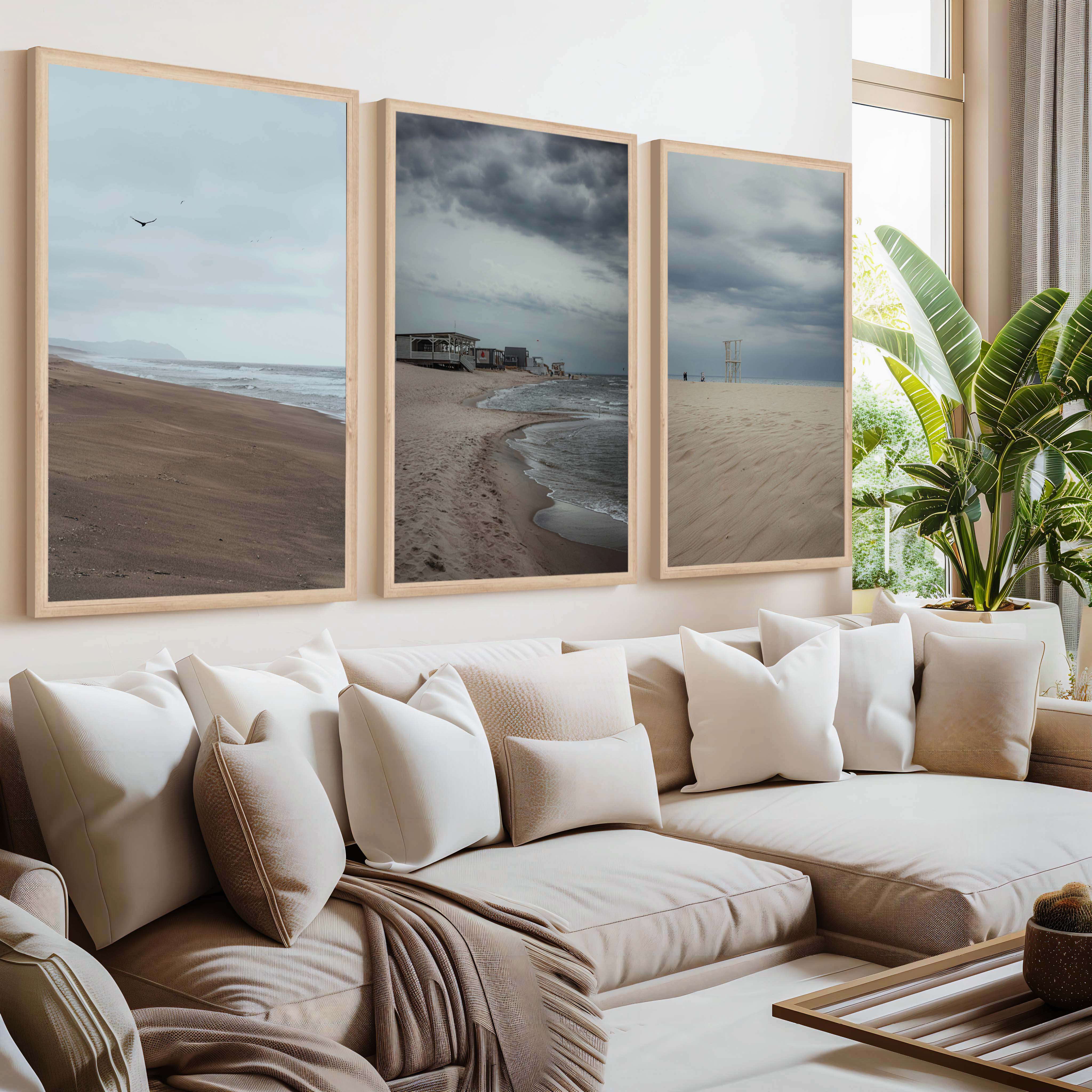 Beach Wall Posters – Moody Coastal Art Print Set (3 Pieces) - Natural Wood Framed Poster No Border - Artworksets