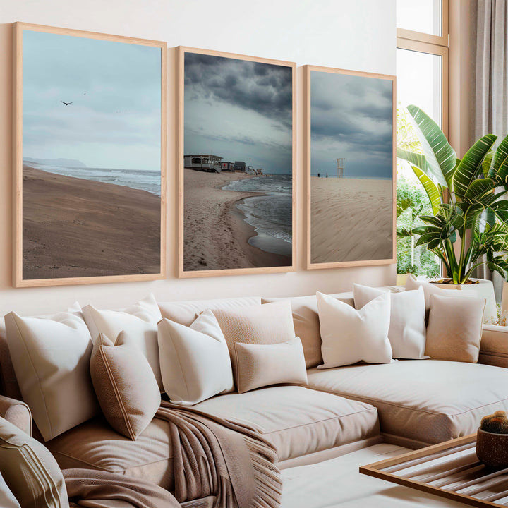 Beach Wall Posters – Moody Coastal Art Print Set (3 Pieces) - Natural Wood Framed Poster No Border - Artworksets