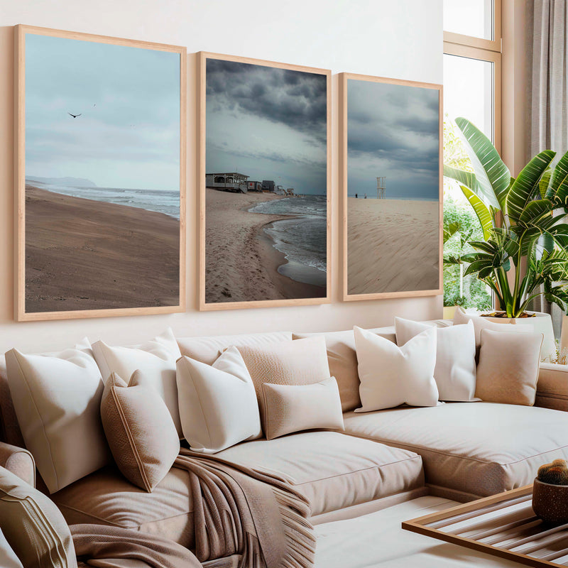 Beach Wall Posters – Moody Coastal Art Print Set (3 Pieces) - Natural Wood Framed Poster No Border - Artworksets