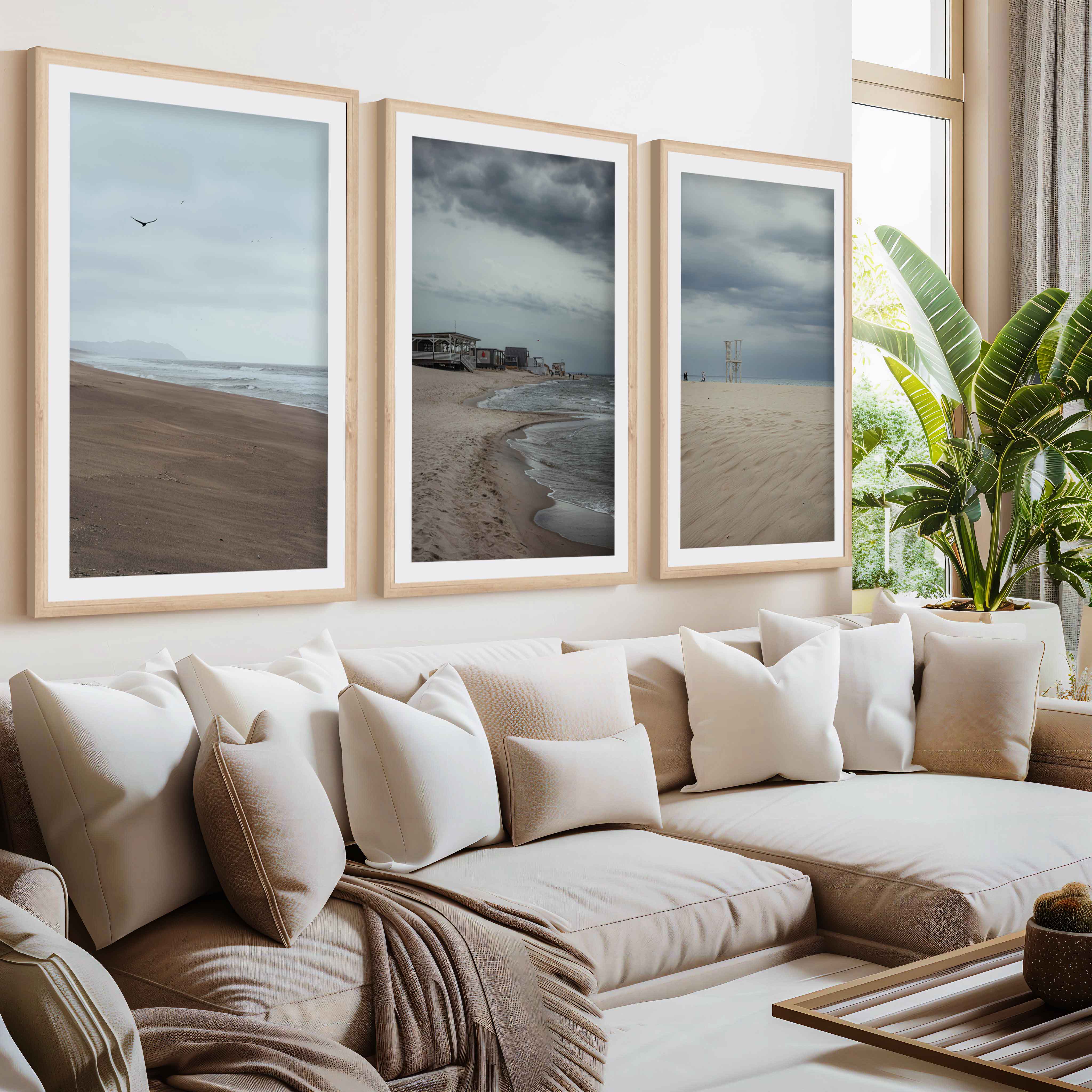 Beach Wall Posters – Moody Coastal Art Print Set (3 Pieces)- Natural Wood Framed Poster with White Border - Artworksets