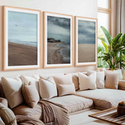 Beach Wall Posters – Moody Coastal Art Print Set (3 Pieces)- Natural Wood Framed Poster with White Border - Artworksets