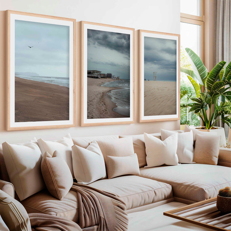 Beach Wall Posters – Moody Coastal Art Print Set (3 Pieces)- Natural Wood Framed Poster with White Border - Artworksets
