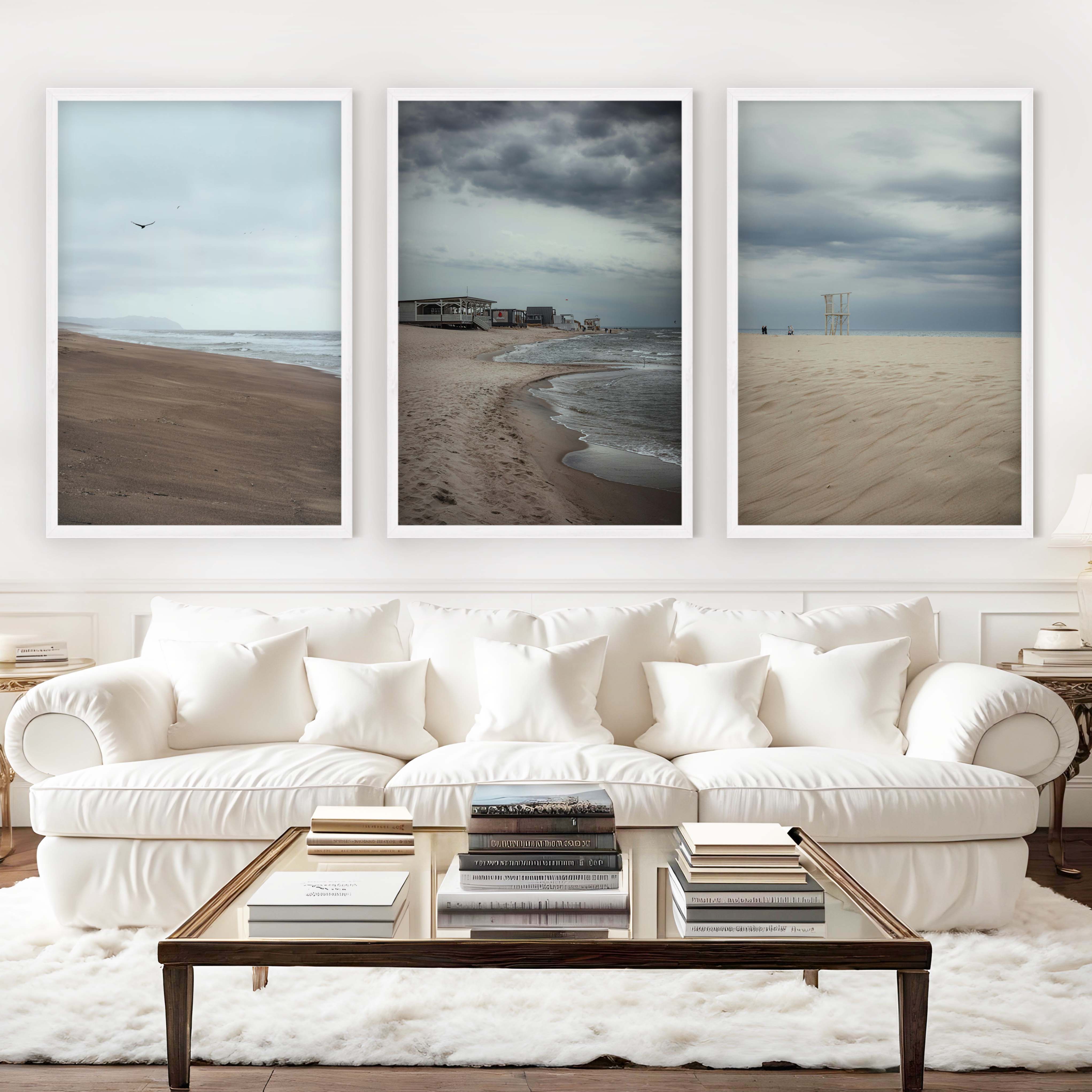 Beach Wall Posters – Moody Coastal Art Print Set (3 Pieces) - White Framed Poster No Border - Artworksets